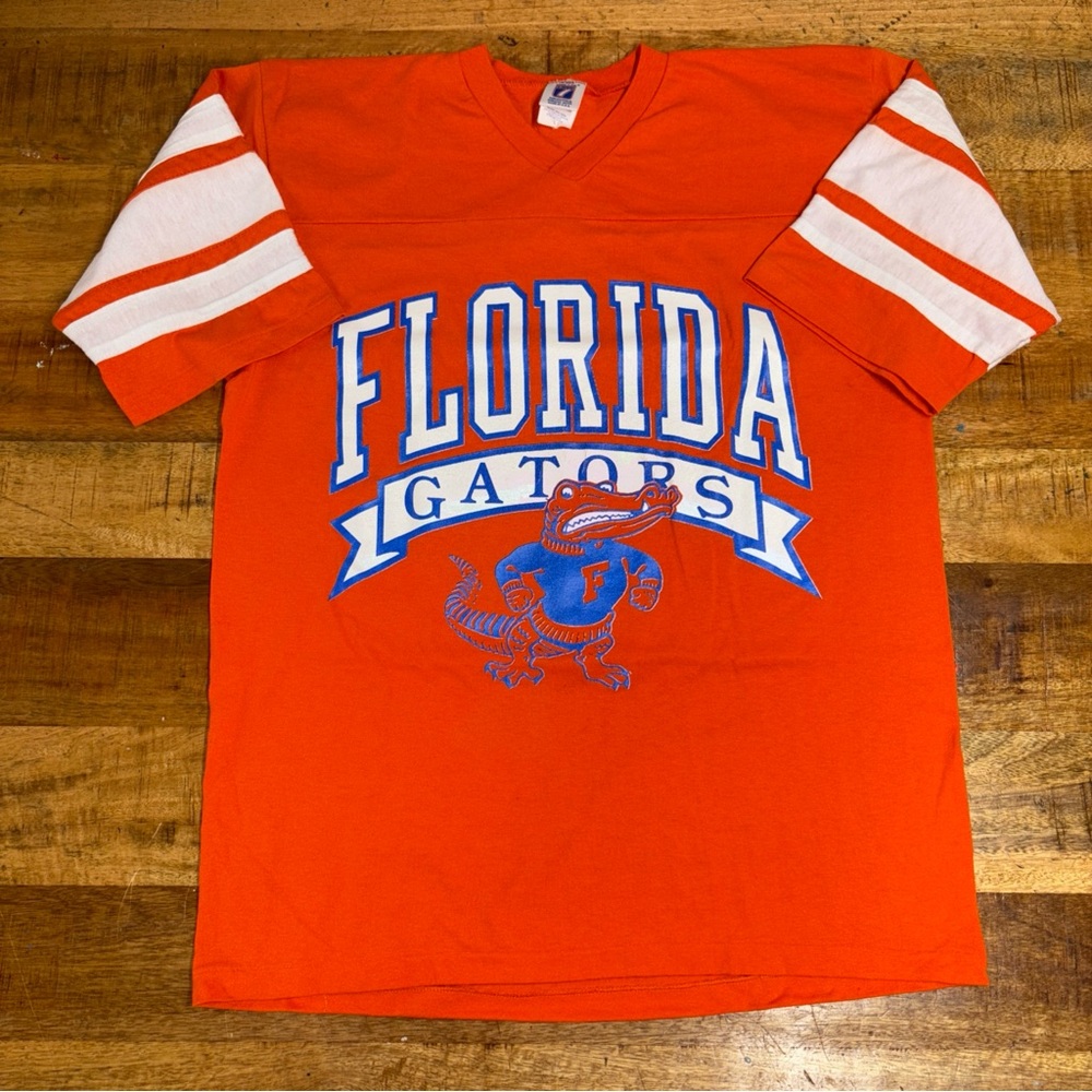 Vintage 1980s University of Florida Gators T Shirt Logo 7 Size L Orange 3 Stripe